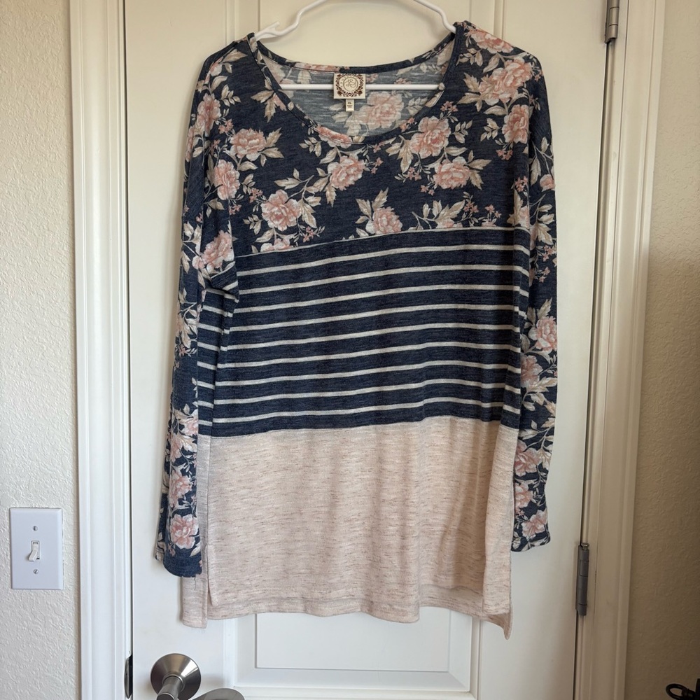 Tru Self Women’s Long Sleeve Block Tunic Shirt With Stripes & Floral Pattern- XL